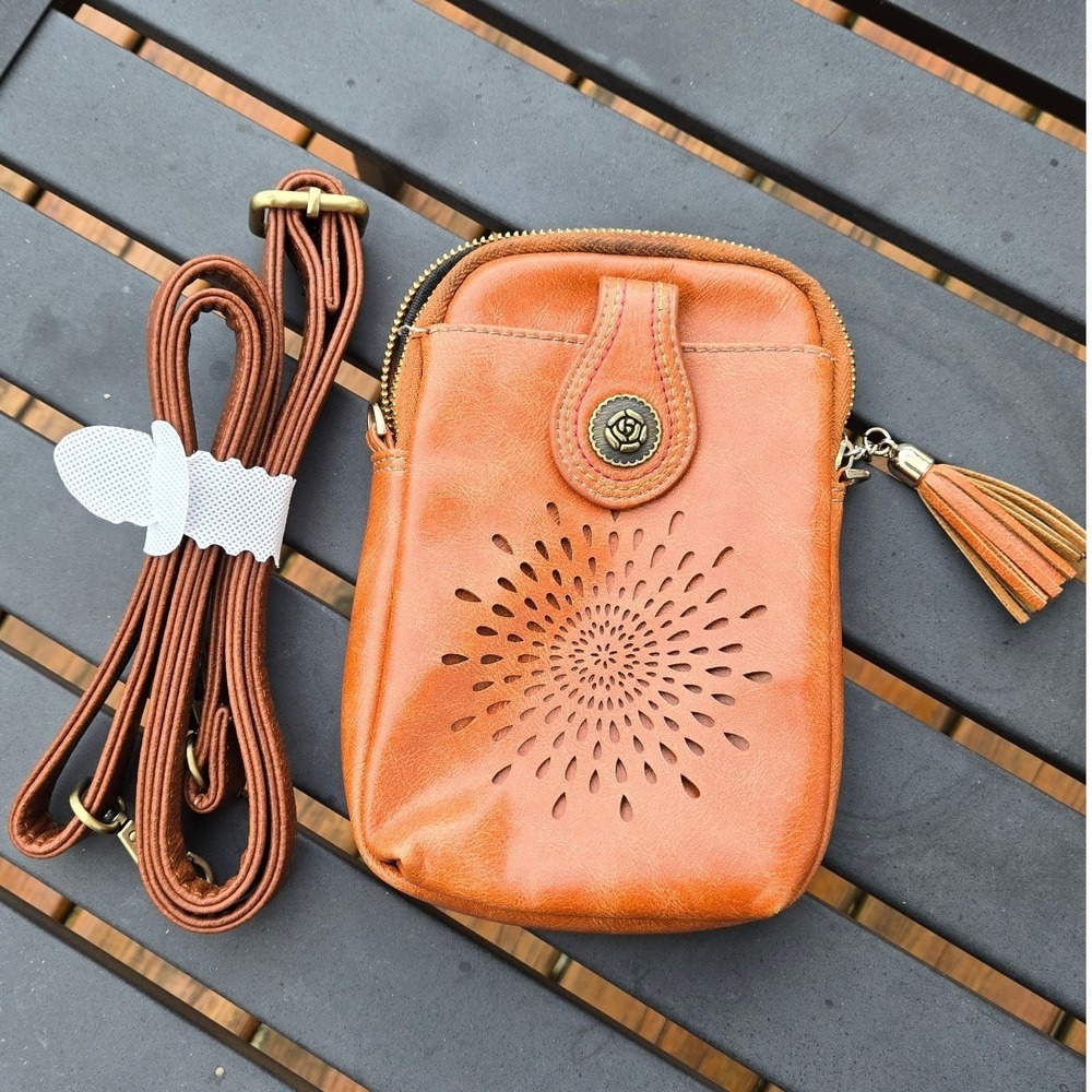 Cognac Faux Leather Laser Cut Crossbody Phone Bag with Tassel Accent